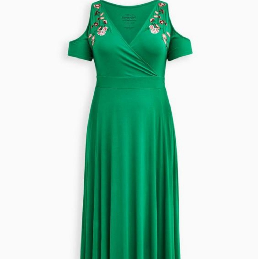 Torrid Sz 5 Super Soft Embroidered Cold Shoulder Surplice Maxi Dress - Picture 3 of 5